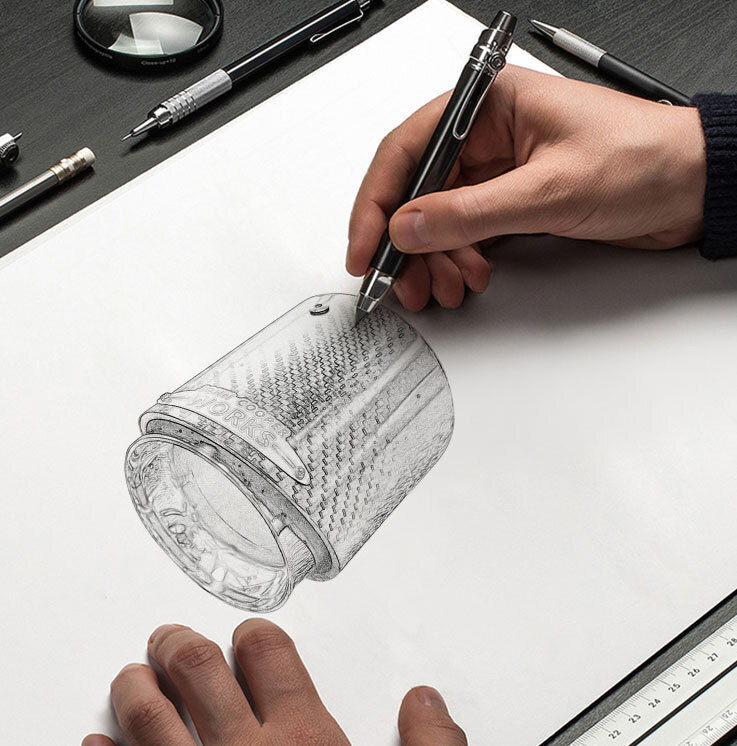 Desenho manual de um componente automotivo com acabamento de carbono
